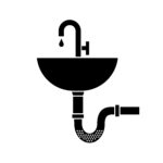A black icon of a sink with a pipe beneath it and a drop of water dripping from the faucet.